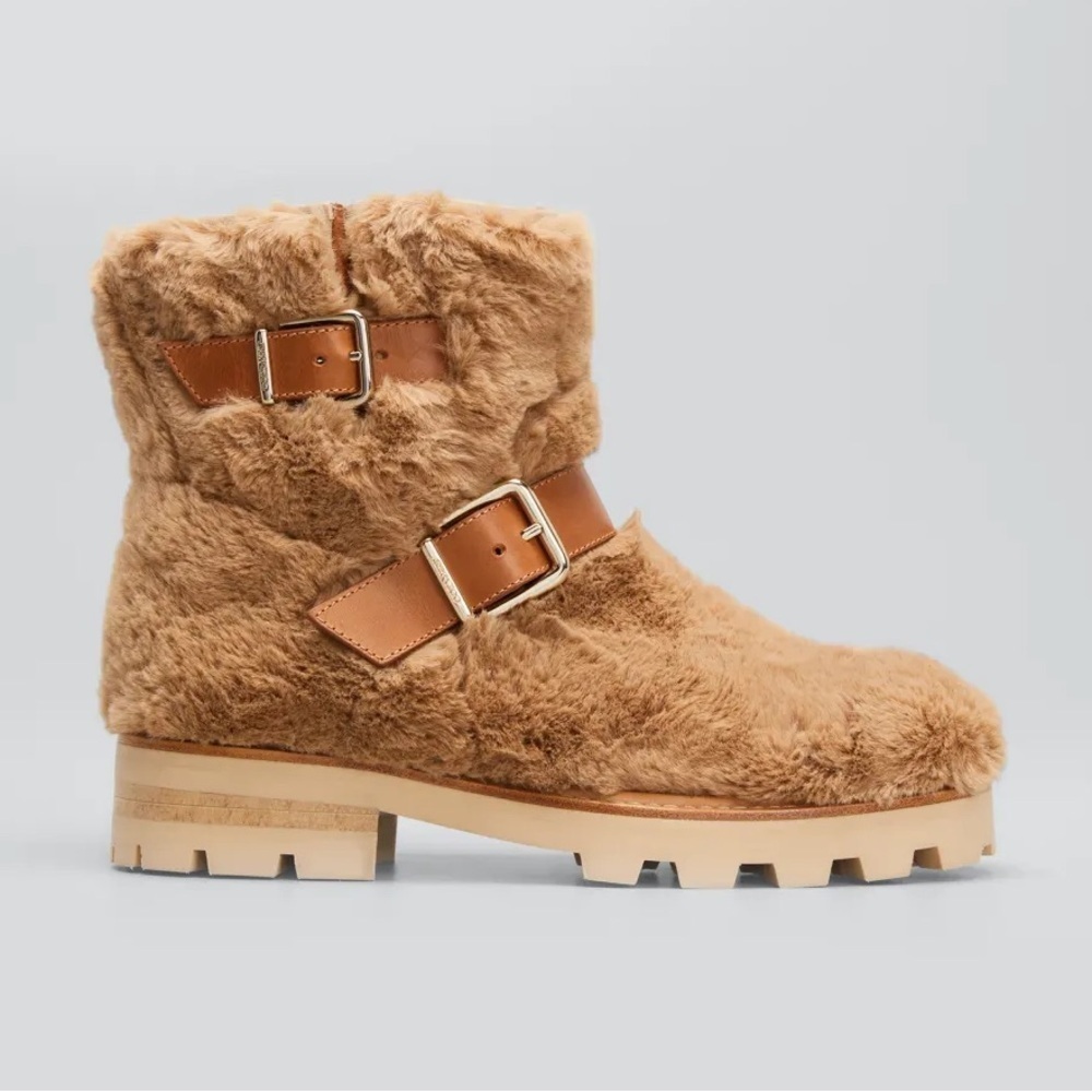 NWT Jimmy Choo Youth II Faux Fur Moto Boots in Teddy